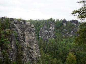 Dramatische Sandsteinfelsen entlang des Malerwegs in der Sächsischen Schweiz, mit dichtem Wald und Wanderern auf den Klippen.