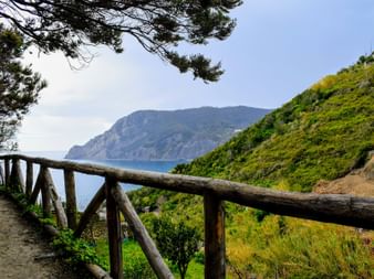 Holzgeländer entlang eines Küstenwegs in Riomaggiore, Cinque Terre, mit Mittelmeer und grünen Hügeln im Hintergrund.