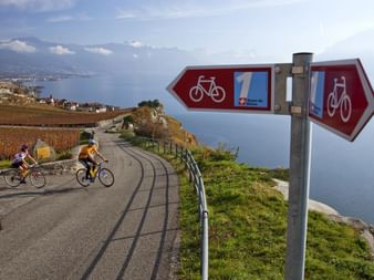 Signpost and Lake Geneva in the background. Rhone route. Cycling holidays with Eurotrek.