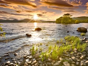 Sonnenuntergang über Loch Lomond mit goldenen Wolken, felsigem Ufer mit Gras, kleiner Insel mit Bäumen und schottischen Hügeln im Hintergrund.