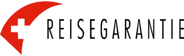 Reisegarantie-Logo mit rotem gebogenem Pfeil mit Schweizer Kreuz und schwarzem Text auf weißem Hintergrund.