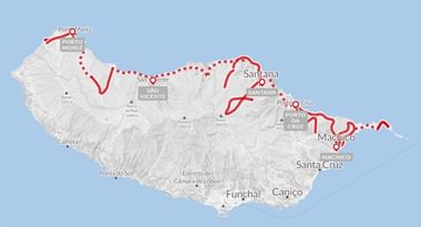 Topografische Karte von Madeira mit einer roten Radroute entlang der Nordküste, die Porto Moniz, Santana, Porto da Cruz und Machico verbindet.