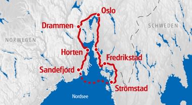 Karte mit Radroute um den Oslofjord mit roter Linie, die Oslo, Drammen, Horten, Sandefjord, Strömstad und Fredrikstad in Norwegen und Schweden verbindet.