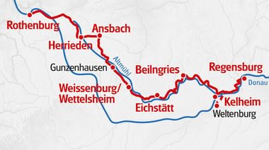 Carte de l'itinéraire cycliste Eurotrek de Rothenburg à Ratisbonne avec ligne rouge traversant des villes allemandes comme Ansbach, Eichstätt.