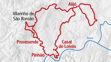 Karte mit roter Wanderroute durch das Douro-Tal, die Alijó, Casal de Loivos, Pinhão, Provesende und Vilarinho de São Romão verbindet. Blaue Linie zeigt Douro.