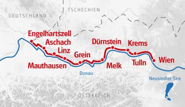 Map showing Danube cycling route from Engelhartszell to Vienna through Austria, passing Aschach, Linz, Grein, Melk, Krems and Tulln along the river.
