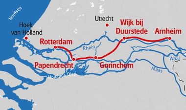 Karte des Rhein-Radwegs in Rot von Arnheim über Wijk bij Duurstede, Gorinchem, Papendrecht nach Rotterdam und Hoek van Holland.