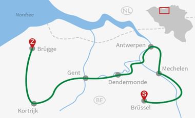 Karte mit Radroute durch Belgien, grüne Linie verbindet Städte von Brügge (Z-Markierung) nach Brüssel (S-Markierung) über Gent und Dendermonde.
