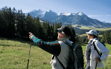 Zwei Wanderer mit Rucksäcken und Wanderstöcken auf einer Wiese bei Les Mosses, zeigen auf schneebedeckte Berge und grüne Täler im Waadt, Schweiz.