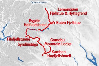Topografische Karte mit Radroute durch norwegische Berge mit markierten Stationen wie Ruten Fjellstue, Bygdin, Filefjellstuene, Gomobu Lodge und Kamben.