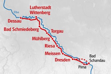Karte mit Radroute entlang der Elbe von Dresden nach Dessau über Bad Schandau, Pirna, Meissen, Riesa, Mühlberg, Torgau, Bad Schmiedeberg und Wittenberg.