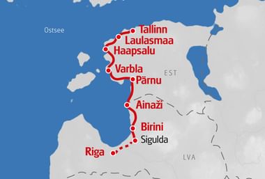 Karte mit Radroute von Riga über Sigulda, Birini, Ainaži, Pärnu, Varbla, Haapsalu, Laulasmaa nach Tallinn entlang der Ostseeküste.