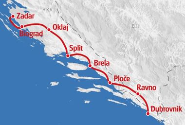 Karte mit Radroute entlang der kroatischen Küste von Zadar über Biograd, Oklaj, Split, Brela, Ploče und Ravno nach Dubrovnik mit roter Linie.