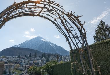 Arche en bois encadrant la vue sur Spiez et un sommet montagneux près du lac de Thoune. Haie verte au premier plan, bâtiments et ciel bleu.