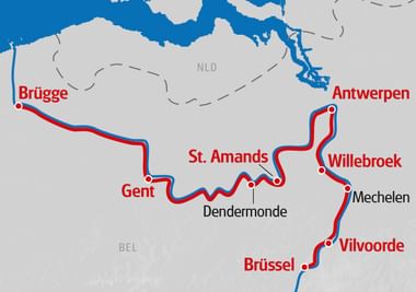 Karte mit Radroute von Brüssel nach Brügge über Vilvoorde, Mechelen, Willebroek, Antwerpen, St. Amands, Dendermonde und Gent in Belgien.