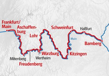 Routenkarte der Rad- und Schiffsreise von Frankfurt/Main nach Bamberg entlang des Mains über Aschaffenburg, Lohr, Würzburg, Schweinfurt und Haßfurt.