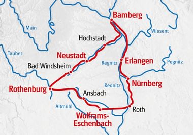 Karte der Radroute durch Franken ab Nürnberg über Erlangen, Bamberg, Neustadt, Rothenburg und Wolframs-Eschenbach mit Flüssen in Blau.