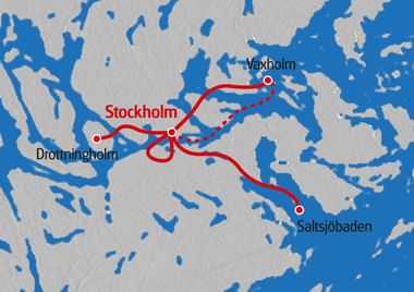 Karte mit Radrouten von Stockholm nach Drottningholm, Vaxholm und Saltsjöbaden. Rote Linien zeigen Routen mit durchgezogenen und gestrichelten Segmenten.