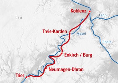 Karte des Mosel-Radwegs in Rot von Trier nach Koblenz über Neumagen-Dhron, Enkirch/Burg und Treis-Karden entlang der Mosel.
