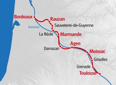 Map showing cycling route from Bordeaux to Toulouse through Rauzan, Marmande, Agen, and Moissac. Red line marks main route, blue shows rivers.
