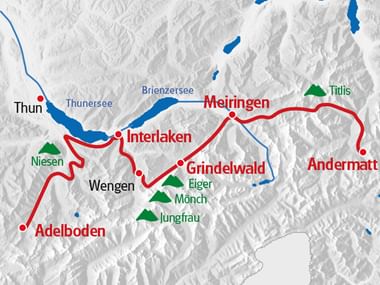 Karte Alpine Bike Berner Oberland für die Route von Andermatt nach Adelboden.
