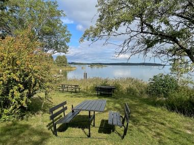 Holzpicknicktische auf grasigem Ufer mit Blick auf ruhigen See mit Schilf. Bäume rahmen die Aussicht unter teilweise bewölktem Himmel bei Trosa.