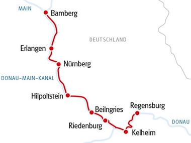 Karte der MS CASANOVA Kreuzfahrtroute von Regensburg nach Bamberg über den Donau-Main-Kanal durch Kelheim, Riedenburg, Beilngries, Hilpoltstein, Nürnberg und Erlangen.