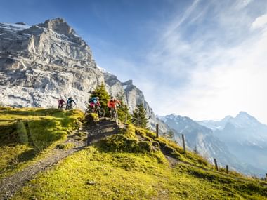 Gruppe von Mountainbikern auf einem grasbewachsenen Alpenweg in Grindelwald mit dramatischen Kalksteinfelsen und schneebedeckten Gipfeln.