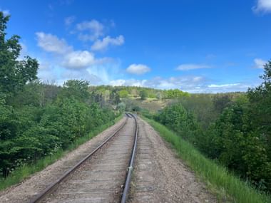 Bahngleise schlängeln sich durch grüne Landschaft bei Kivik. Bäume säumen beide Seiten unter blauem Himmel mit weißen Wolken.