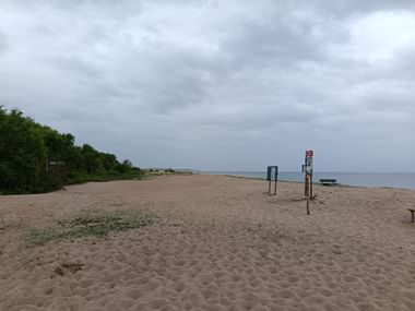 Sandstrand mit grüner Vegetation links, Informationsschildern in der Mitte und ruhiger See unter bewölktem Himmel. Blick entlang des Österlenleden.