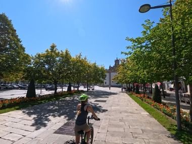 Radfahrerin Nathalie fährt entlang eines von Bäumen gesäumten Fußwegs in Ponte de Lima unter blauem Himmel, mit Blumenbeeten und Gebäuden.