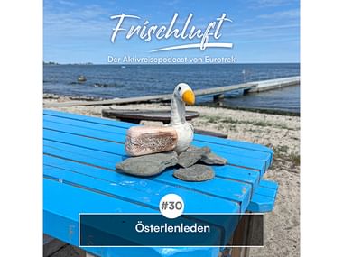 Frischluft Podcast Folge 30 Österlenleden Blaue Holzbank mit Steinskulptur einer weißen Gans am Küstengewässer. Text zeigt 'Frischluft' Podcast Folge 30 über Österlenleden.