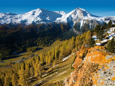 Schneebedeckte Berggipfel über bewaldeten Hängen im Müstair-Tal. Orangefarbene flechtenbedeckte Felsen im Vordergrund, Herbstbäume darunter.