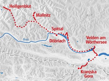 Reliefkarte mit Radroute von Heiligenblut über Mallnitz, Spittal, Döbriach, Velden am Wörthersee nach Kranjska Gora entlang der Drau.