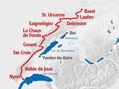 Karte einer Mountainbikeroute, die von Basel bis Nyon führt