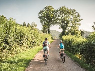 Deux cyclistes sur la piste cyclable du Parc du Doubs.