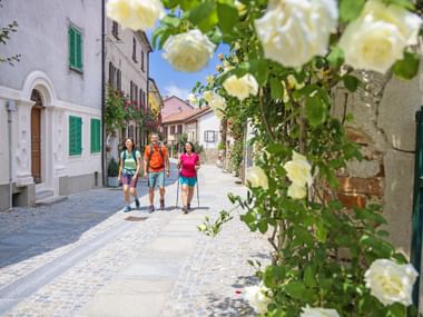 Trois randonneurs marchant dans une rue pavée à Bossolasco, Langhe, Piémont. Des roses blanches fleurissent au premier plan le long de maisons traditionnelles.