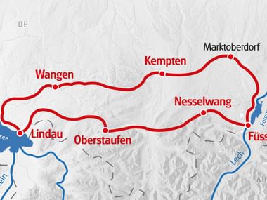 Karte mit Radroute durch das Allgäu mit Stationen in Lindau, Wangen, Oberstaufen, Kempten, Nesselwang, Füssen und Marktoberdorf am Bodensee.