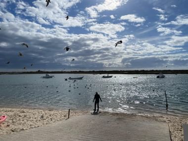 Person am Wasserrand in Cabanas de Tavira mit fliegenden Möwen, verankerten Booten im ruhigen Wasser und dramatischem Wolkenhimmel.