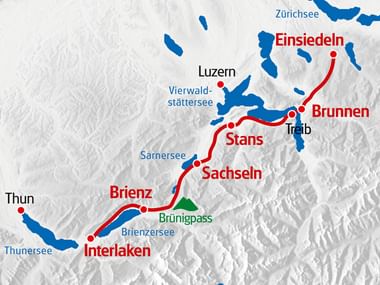 Eurotrek Karte Via Jakobi Einsiedeln - Interlaken in rot eingezeichnet.