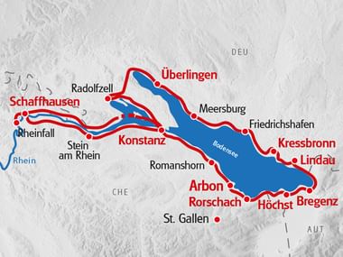 Die Velotour Bodensee von Eurotrek startet in Konstanz und führt einmal um den Bodensee herum.