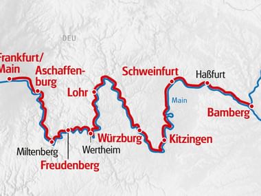 Routenkarte der Rad- und Schiffsreise von Frankfurt/Main nach Bamberg entlang des Mains über Aschaffenburg, Lohr, Würzburg, Schweinfurt und Haßfurt.