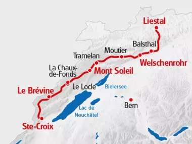Karte mit der Veloroute Arc Jurassien mit rot eingezeichnet.