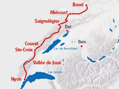 Eine Karte mit der Jura Veloroute von Basel bis Nyon eingezeichnet.