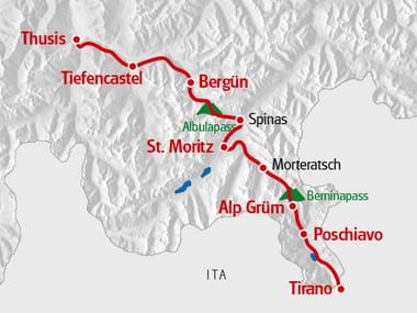 Karte der Route Albula/Bernina von Thusis nach Tirano