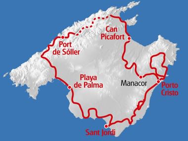 Karte von Mallorca mit einer roten Radroute rund um die Insel durch Port de Sóller, Can Picafort, Porto Cristo, Sant Jordi und Playa de Palma.