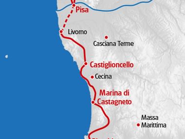 Toskanische Küste Route in roter Farbe auf der Karte markiert.
