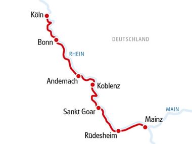 Rad-Schiff-Route Köln-Mainz mit einem roten Strich auf einer weissen Karte eingezeichnet.