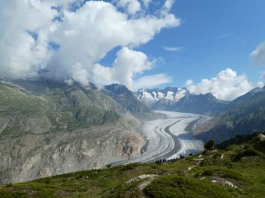 Blick auf den Aletschgletscher. Aletsch-Panoramaweg. Wanderferien mit Eurotrek.