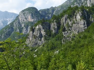 Steinige Berglandschaft mit Büschen und Sträuchern.